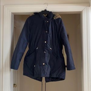 Navy Blue Winter Coat with Fur Outlined Hood